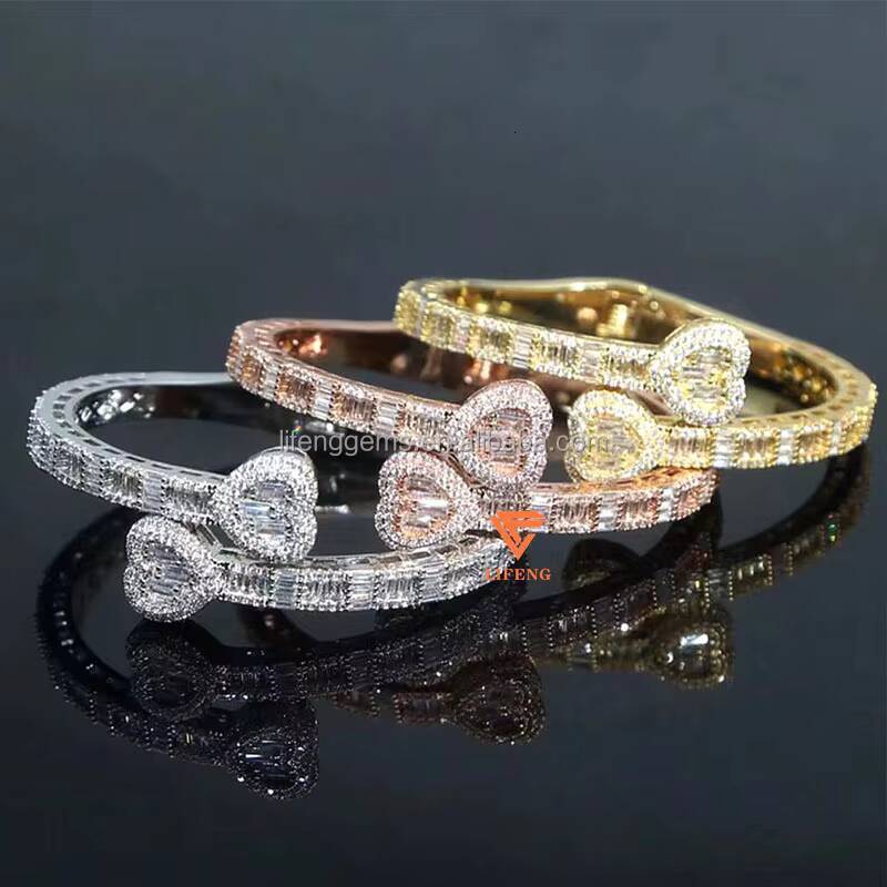 Lifeng Jewelry Moissanite Bracelet Ice Hip Hop Baguette Cut Diamond Heart Shape Bangle Bracelet Silver Rose Gold Plated Wome