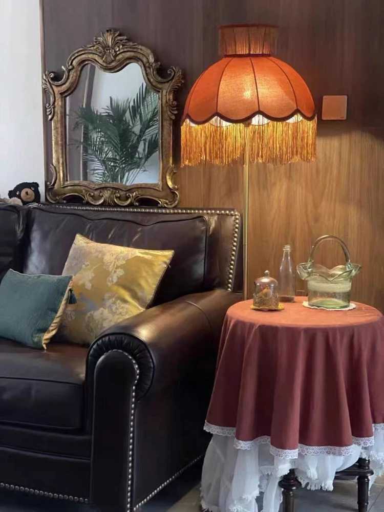 French tassel velvet lampshade floor lamp luxurious retro caramel handmade art station lamp for living room sofa bedroom M251119
