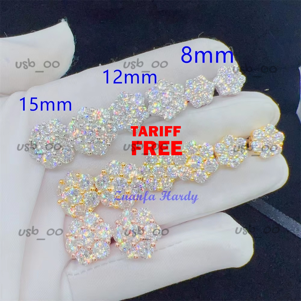 Zuanfa Hot Top Selling Pass Diamond Tester Fine Jewelry 925 Silver 8mm 12mm 15mm Flower Earrings Vvs Moissanite Stud Earrings