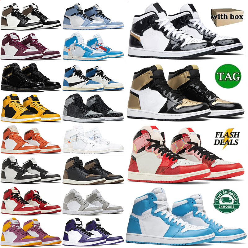 With Box 1s high Basketball Shoes For Men Women Designer 1 Trainers Black Gold Mocha Chicago Leather Hyper Royal Grey Red Dark Leather flat bottom Outdoor Sneakers