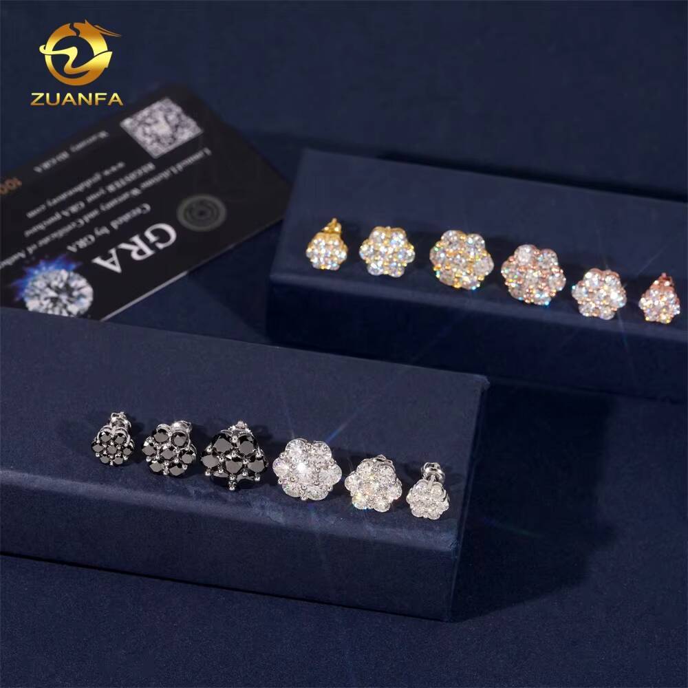 Cluster Fashion 9mm 12mm 15mm Ear Studs Screw Back Iced Out Hip Hop Jewelry 925 Silver Vvs Moissanite Women Flower Stud Earring