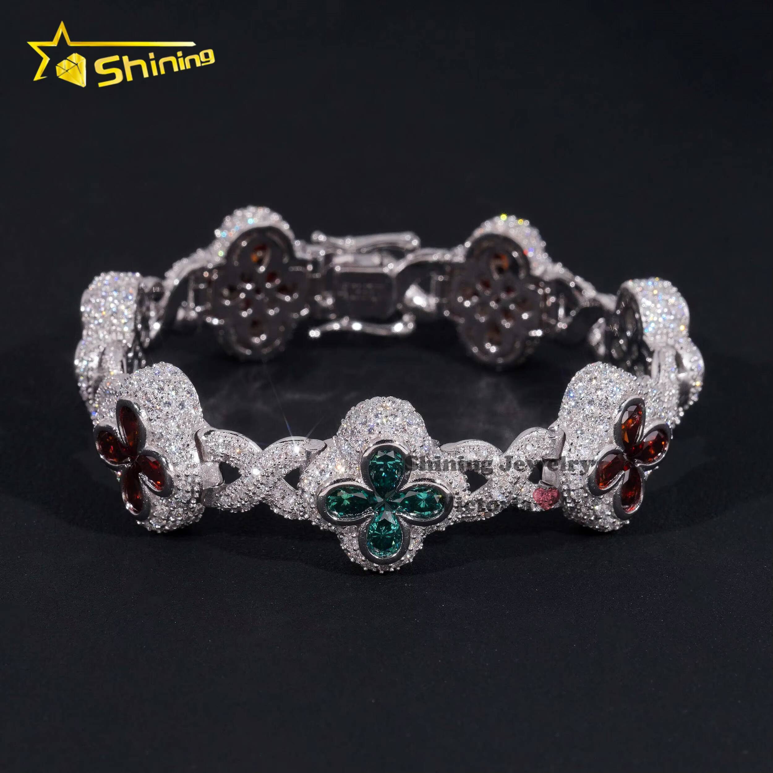 Fashion Christmas Jewelry Hip Hop Luxury Pear Colored Moissanite Diamond Clover Fancy Shape Mens Silver Cuban Bracelets