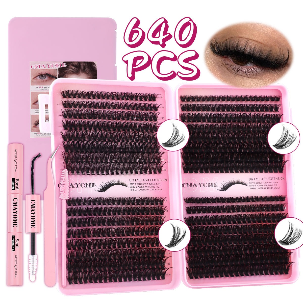 640Pcs DIY Cluster Lashes Kit Soft Lightweight Thick Fluffy DIY Individual Eyelashes Extensions D Curled Grafted Lashes Handmade Cluster Segmented Eye