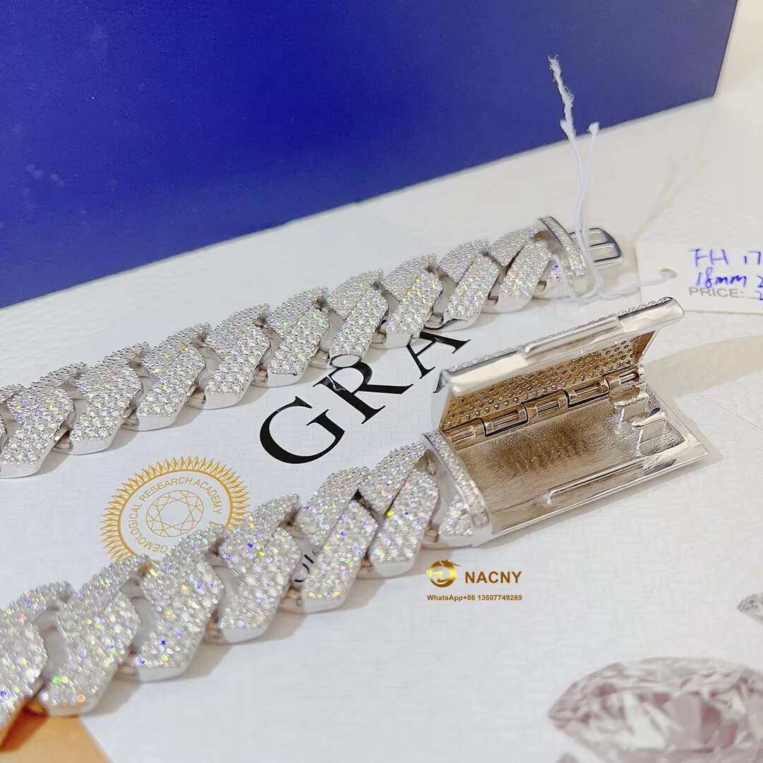Hip Hop JewelryIced Out Necklace 18mm Moissanite VVS Moissanite Diamond 925 Silver Cuban Link Chain