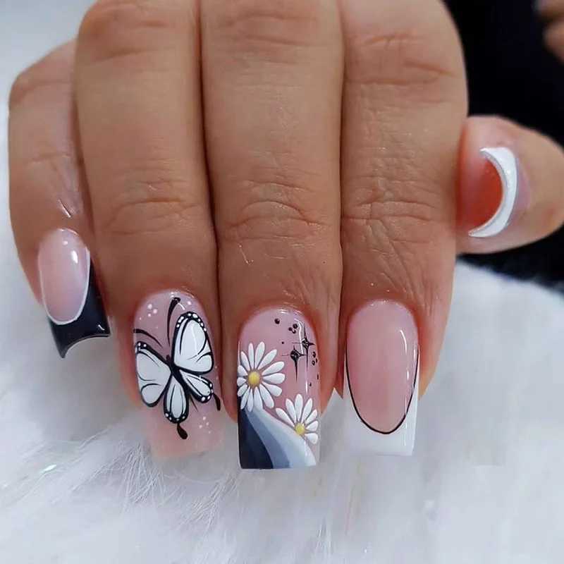24Pcs Mid-length Square French False Nails Press on 3D Flower Crocodile Grain Design Fake Nails Detachable Full Cover Nails TipsT251118T251119