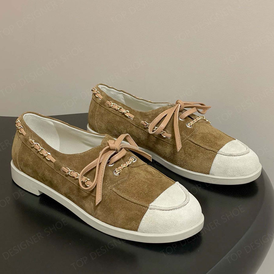 Top quality new Letter Chain Suede womens Loafers silp on shoes Flat dress shoes Boat shoes Luxury designer shoes womens Driving Walking shoes Lady Brown black