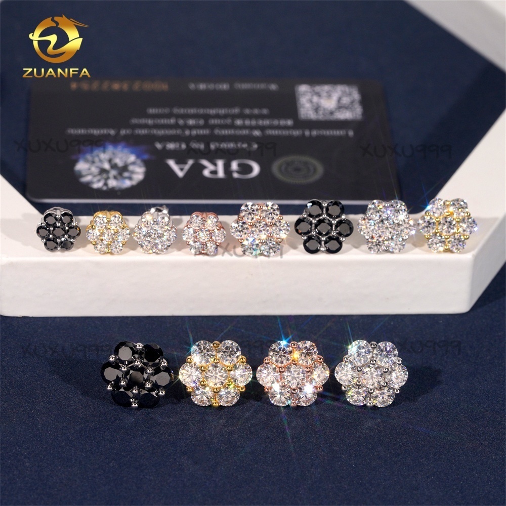 Cluster Fashion 9mm 12mm 15mm Ear Studs Screw Back Iced Out Hip Hop Jewelry 925 Silver Vvs Moissanite Women Flower Stud Earring