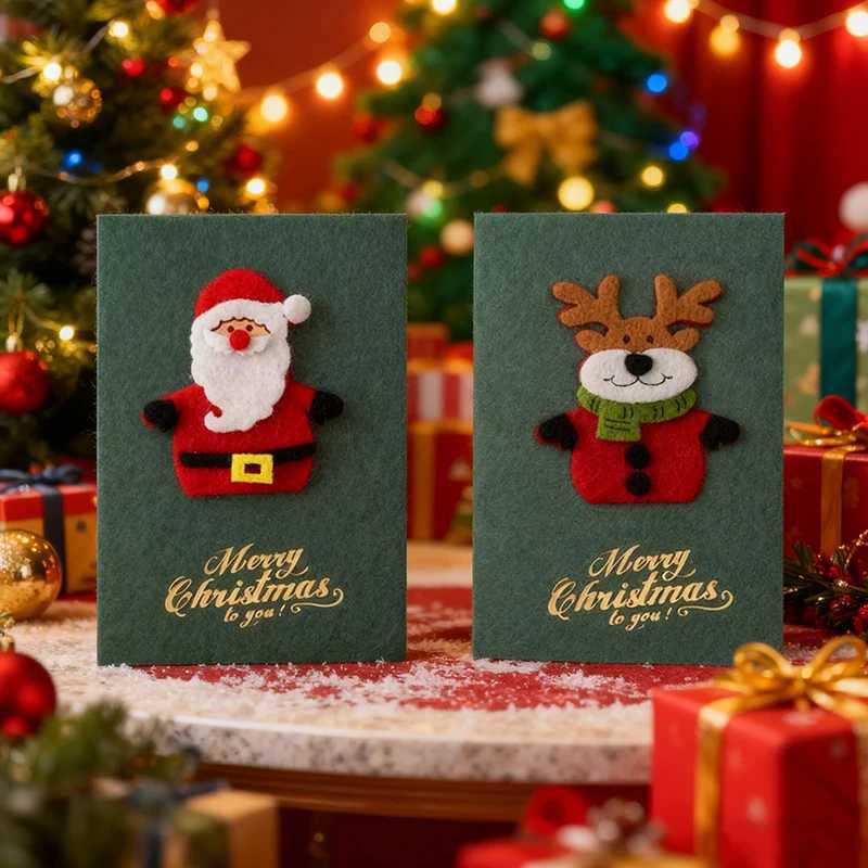 4PCS Green Style Christmas Greeting Card Set Pearlescent Paper 3D Felt Invitations Postcards Christmas Party Gift Souvenirs ZYF G251119