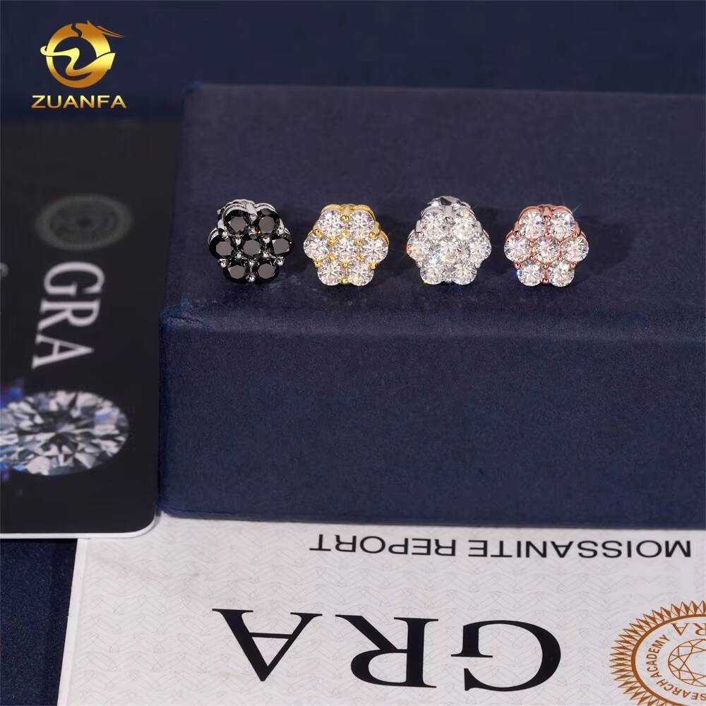 Cluster Fashion 9mm 12mm 15mm Ear Studs Screw Back Iced Out Hip Hop Jewelry 925 Silver Vvs Moissanite Women Flower Stud Earring