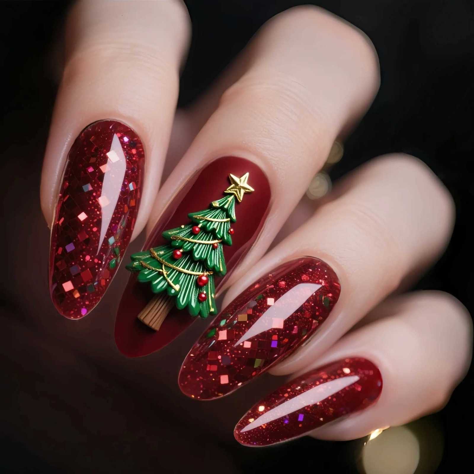 24pcs Round Head Almond False Nails Christmas Glitter Red Full Cover Nail Tips Fashion Snowflake Design Long Press on Fake NailsT251118T251119