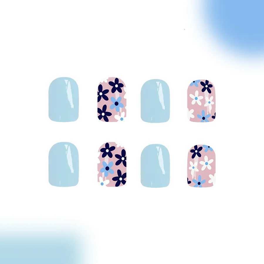 24Pcs Press on Nails Short Square Fake Nails Light Blue Glossy False Nails with Blue White Flowers Press ons Designs For WomenT251118T251119