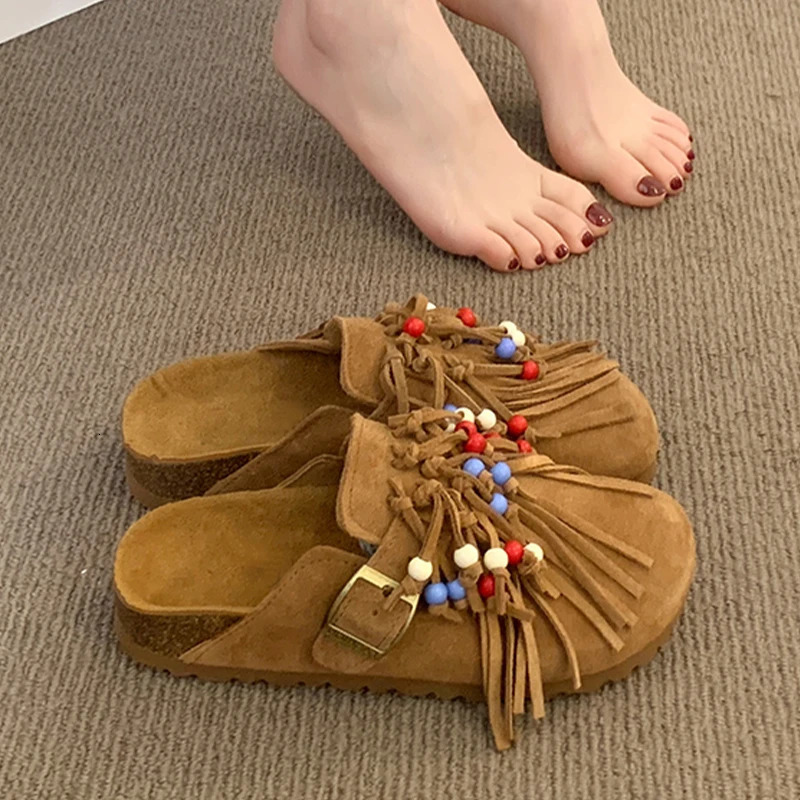 Women Mules Shoes Flats Suede Womens Sandals Fringes Summer Fashion Slippers Walking Dress Cozy Mujer Sandalias 250418