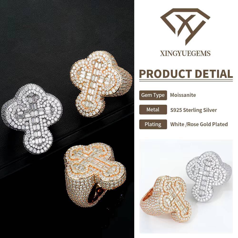 925 Silver Jewelry White Gold Rose Gold Plated Full Iced Out D VVS Round Baguette Cut Moissanite Diamonds Cross Hiphop Ring