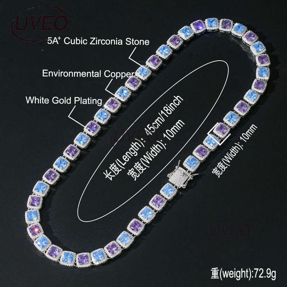 Designer Luxury 10mm square colored ice out VVS Moissamite rock Sugar tennis chain Hip Hop Men's Women's necklace Free delivery