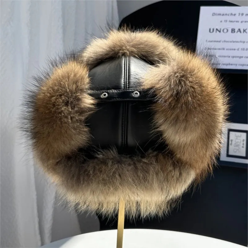 100 genuine fox fur ear-protecting hat Men real raccoon fur bomber hat Women winter warm fur real sheep leather snow hat251118