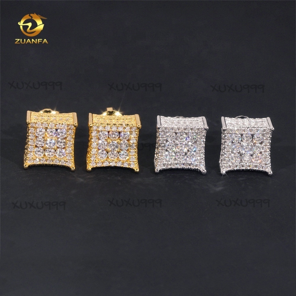 Price Wholesale High Quality Fashion 925 Sterling Silver Moissanite Diamond Gold Plated Square Iced Out Men Earrings