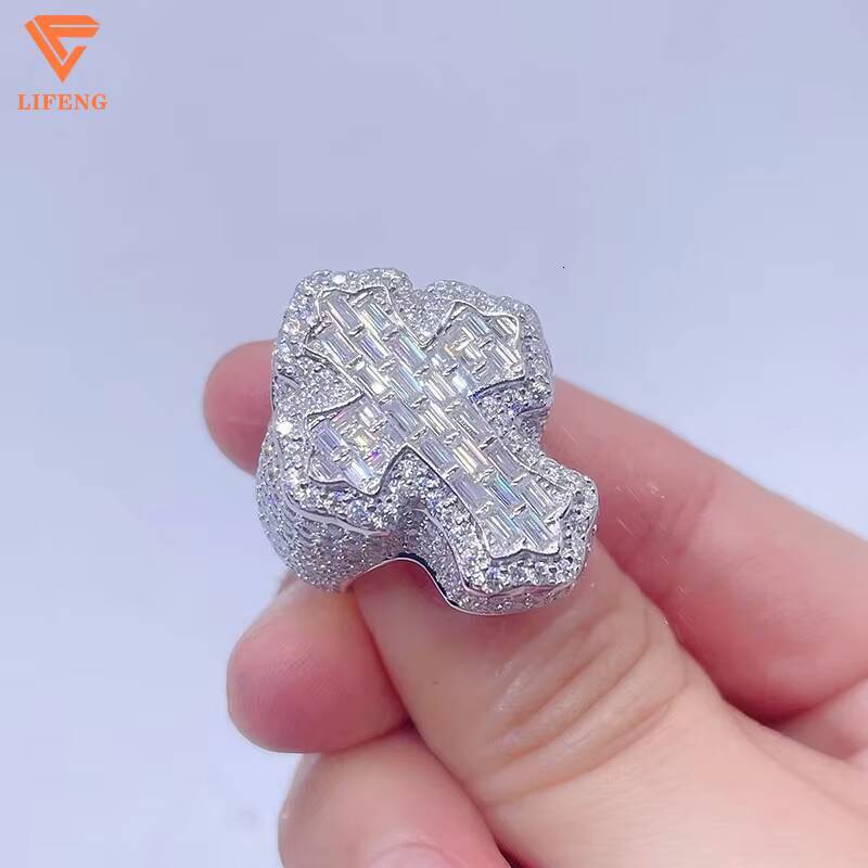 Luxury Custom Ring Baguette Cut Moissanite Hip Hop Solid 925 Silver Moissanite RIng Iced Out Cross Ring Fine Jewelry