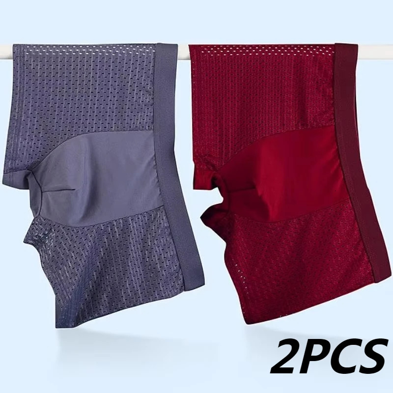 2 piecesbatch mens underwear boxing shorts ice silk mesh plus size summer sexy breathable 40100KG 250417