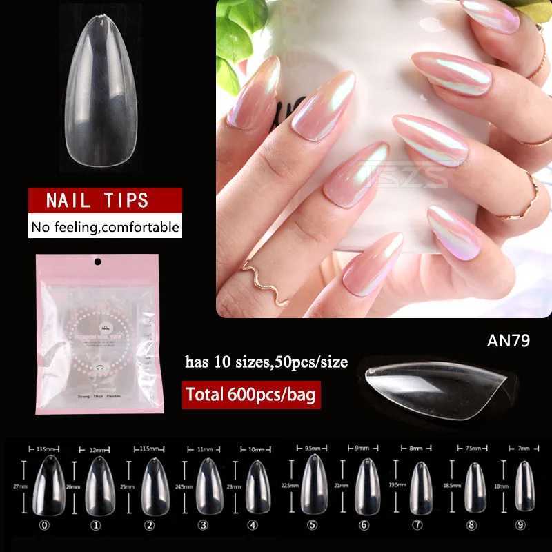 500pcs/lot Long Almond Clear ABS Nails Full Cover Stiletto Pointy False Tips Artificial Acrylic Nail Tips For Nail SalonT251118T251119
