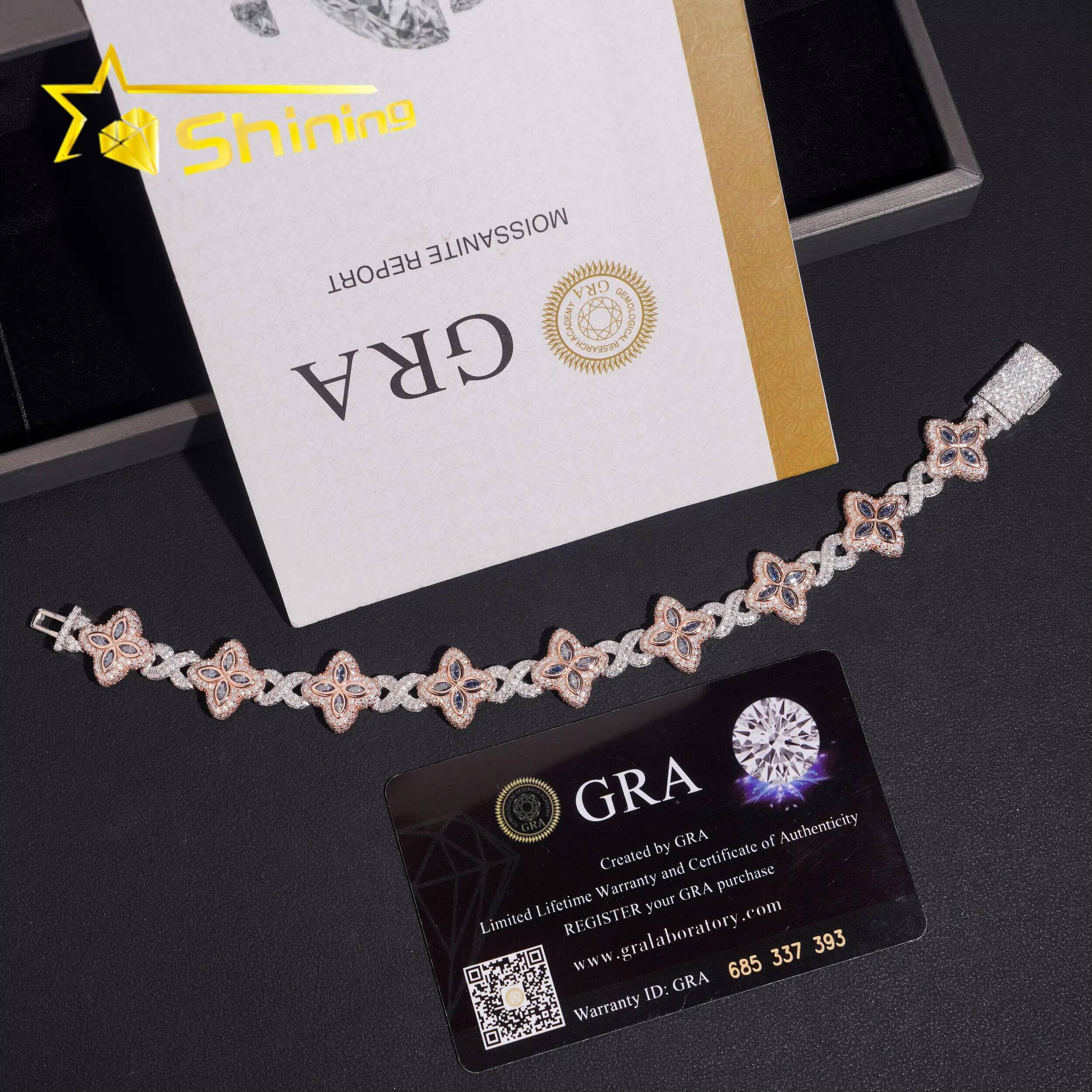 GRA Certified 925 Sterling Silver Hip Hop Two Tone Infinity Sapphire Marquise Clover Moissanite Diamond Bracelet