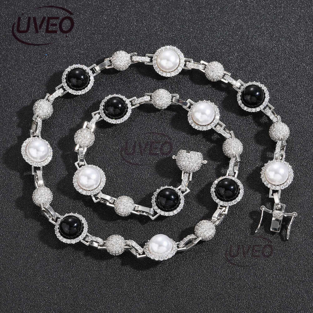 Luxury hip hop micro-inlaid sterling silver ice out VVS Moissanite black and white pearl necklace, men and women's cascading chain Free delivery