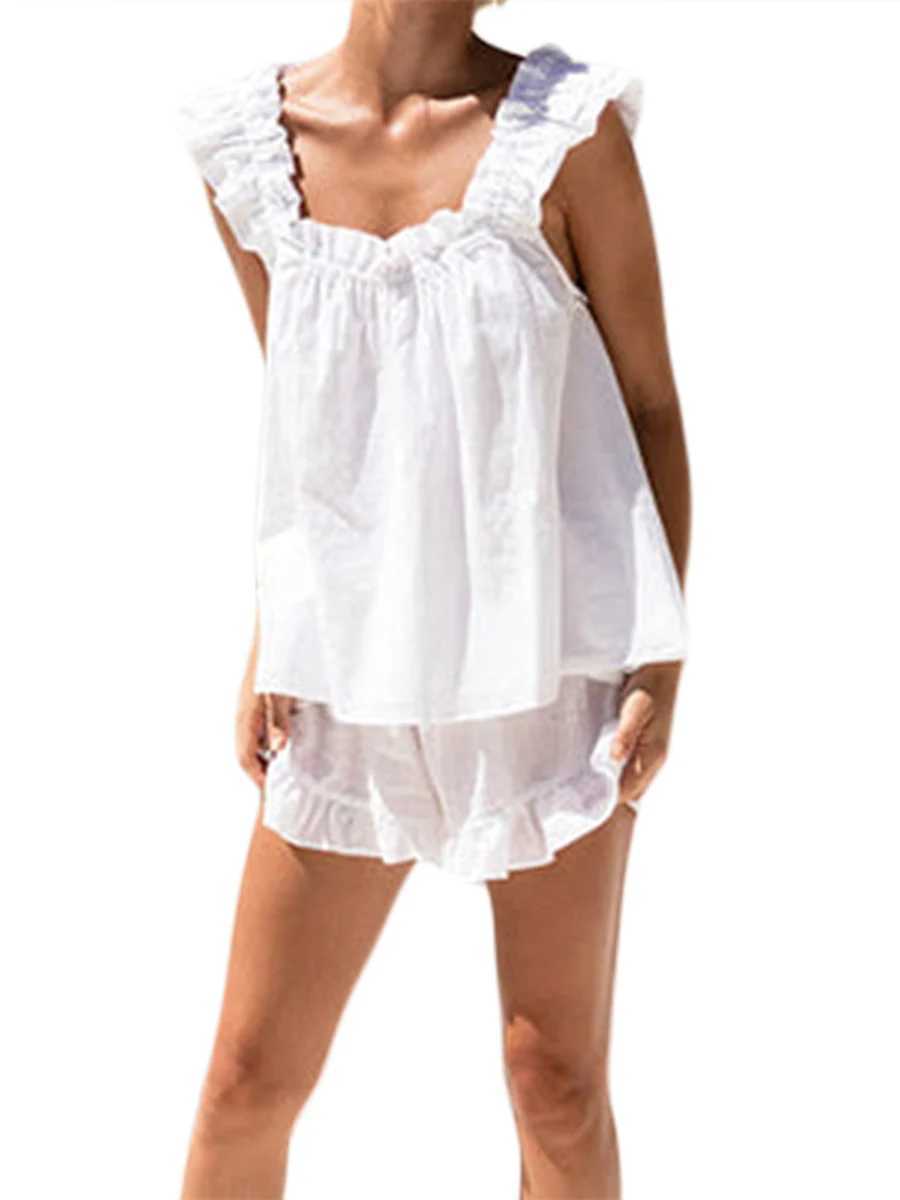 Womens Pajama Summer 2 Piece Pajamas Sets Ruffle Sleeveless Sling Vest Solid Color Shorts Outfits SleepwearC250418