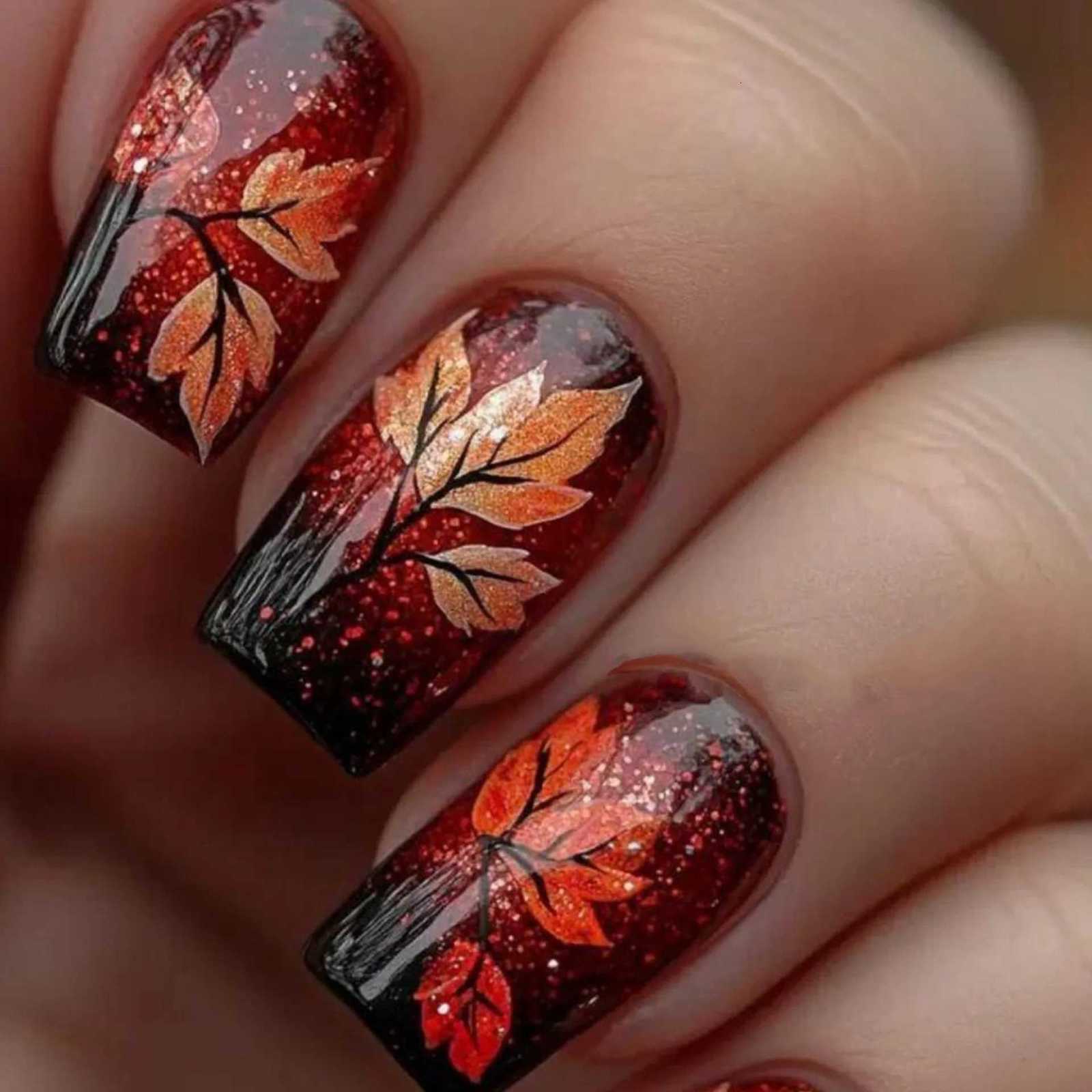 24Pcs Mid-length Square Head Press on False Nails with Golden Butterfly Full Cover Nails Tips with Jelly Glue Wearable Fake NailT251118T251119