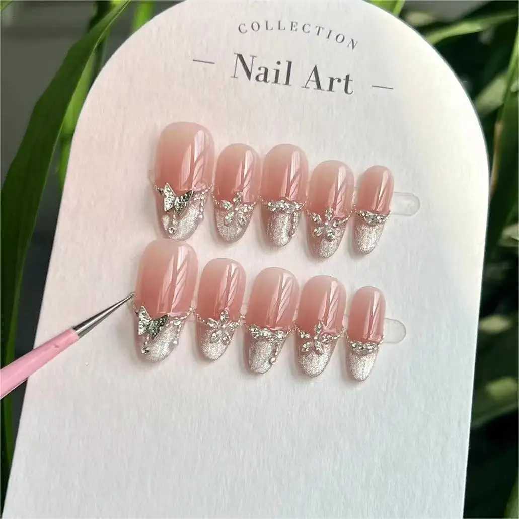 10Pcs Handmade Almond Press on Nails Pink French Luxury Decoration Reusable False Nails Full Cover Nail Tips for GirlsT251118T251119