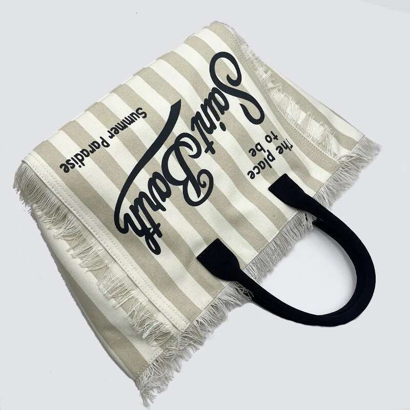 Saint Barth European And American New Women's Large Capacity Casual Beach Canvas Striped Tassel Handheld Tote Bag