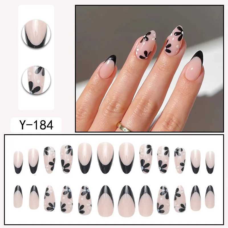 24 Long Almond Black French Petal Pattern ABS Full Gloss Fake Nails Suitable for Daily Wear at Parties and Dances press on nailsT251118T251119