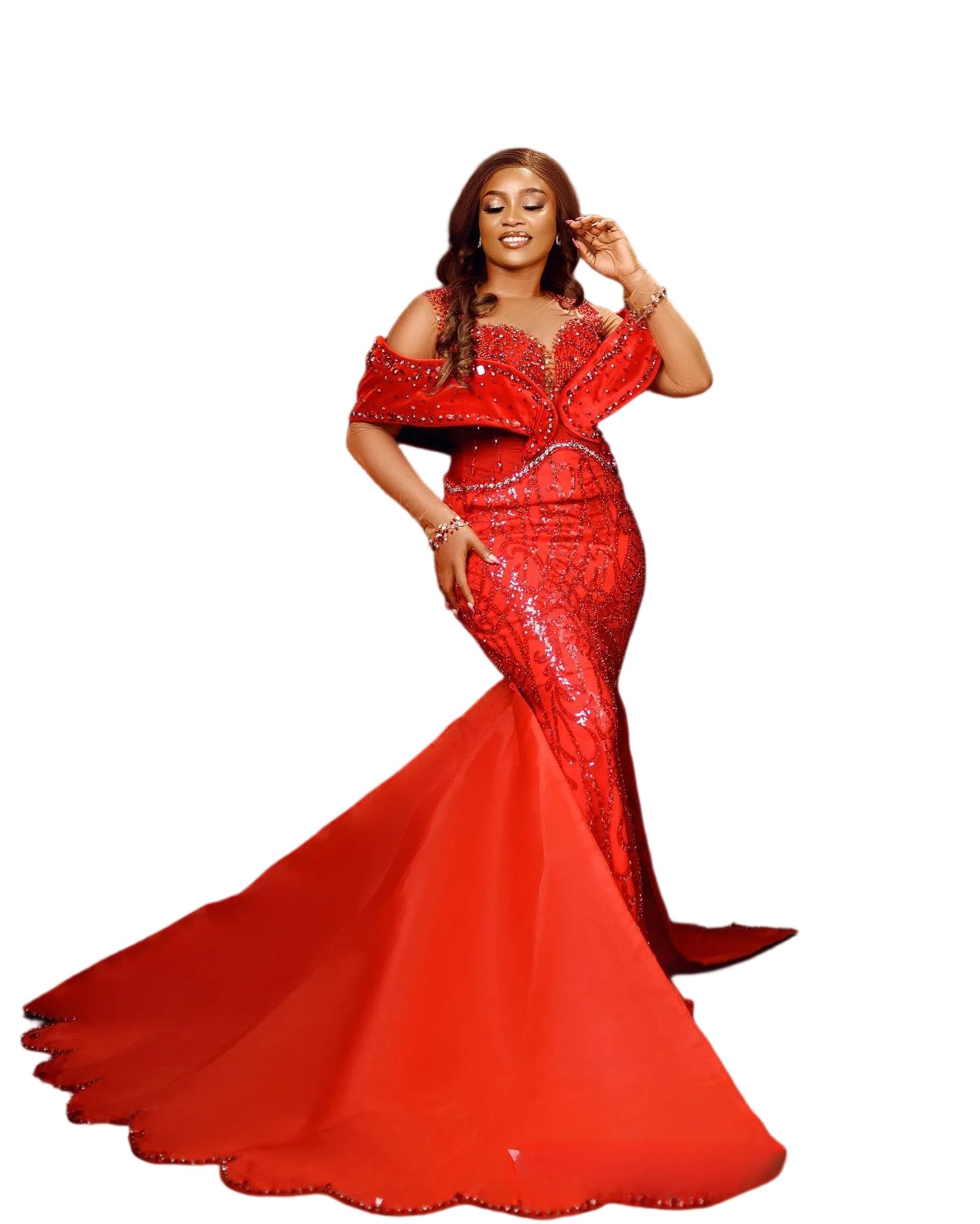 Plus Size Prom Dress With Detachable Train Red Mermaid Promdress Evening Formal Dresses For Women Sheer Neck Beaded Lace Second Reception Gowns Vestid