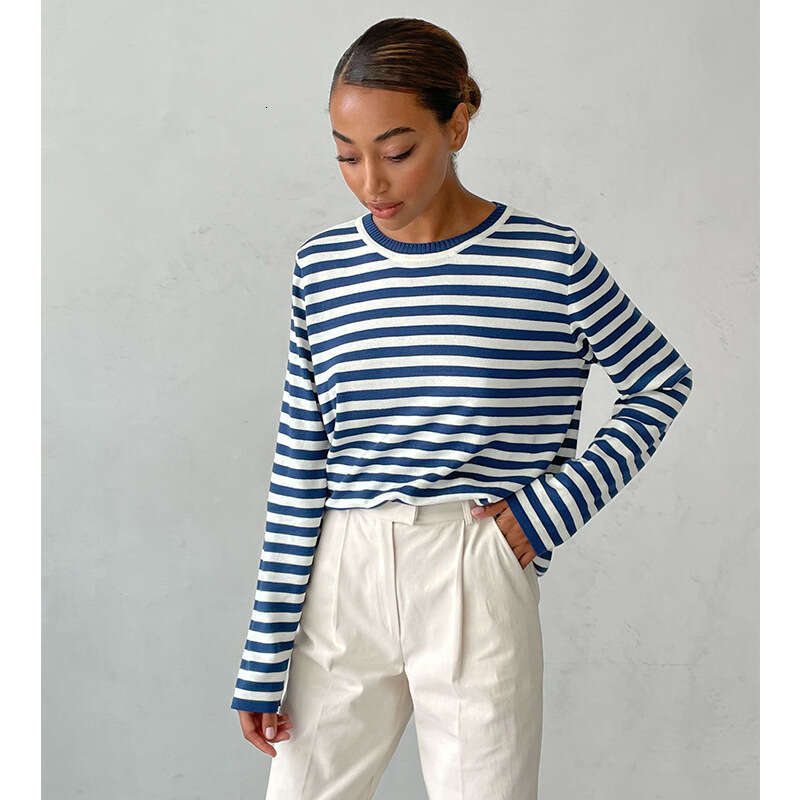 hoodie Women's Wear Round Neck Knitted Spring , Versatile Classic Striped Pullover Sweater For Women jacket