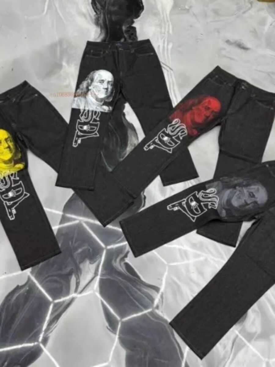 Black straight jeans for men and women new internet celebrity design personalized printed wide leg pants winter loose high street casual jeans W250103