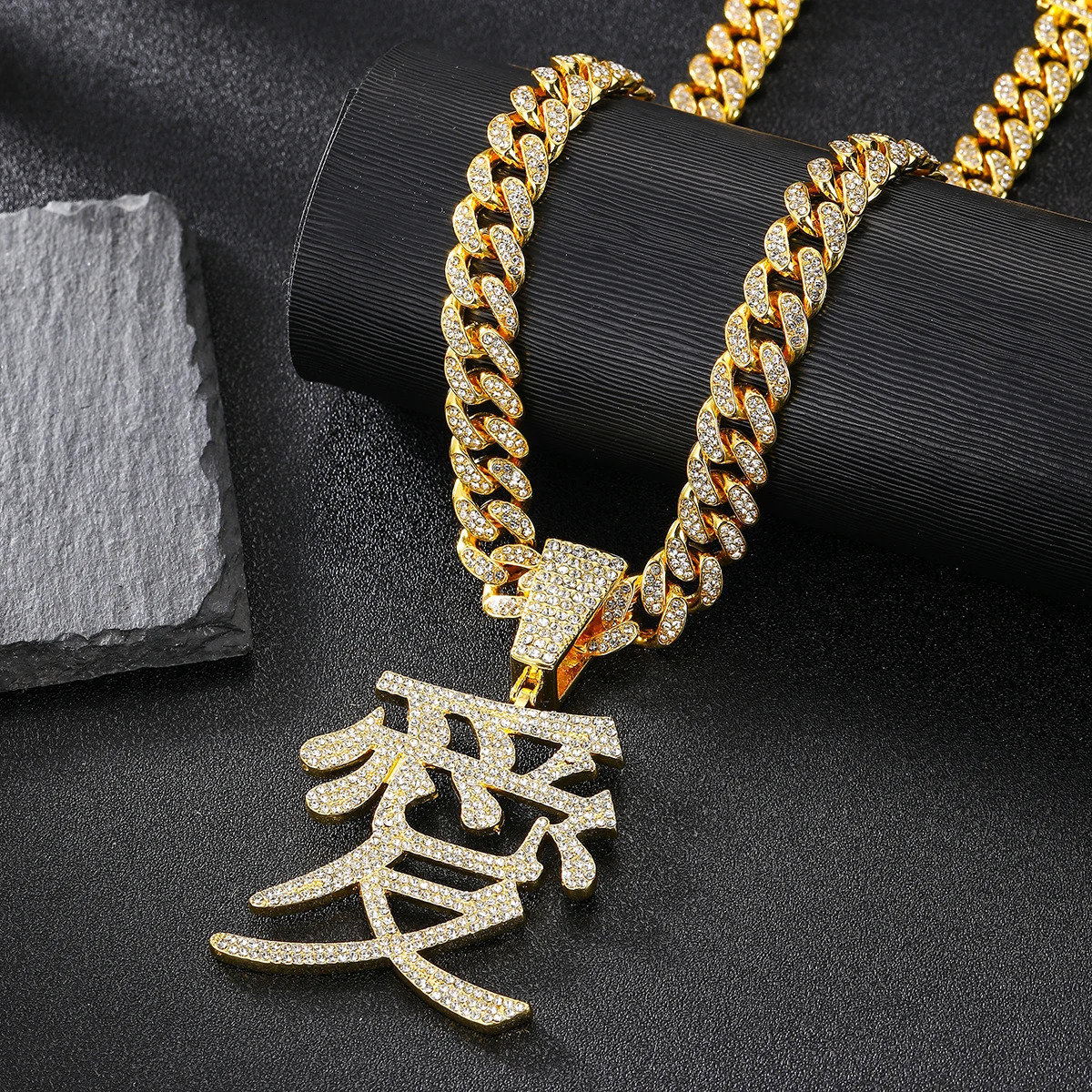 Chinese character Love pendant ice out 13MM Cuban chain hiphop fashion jewelry 250420