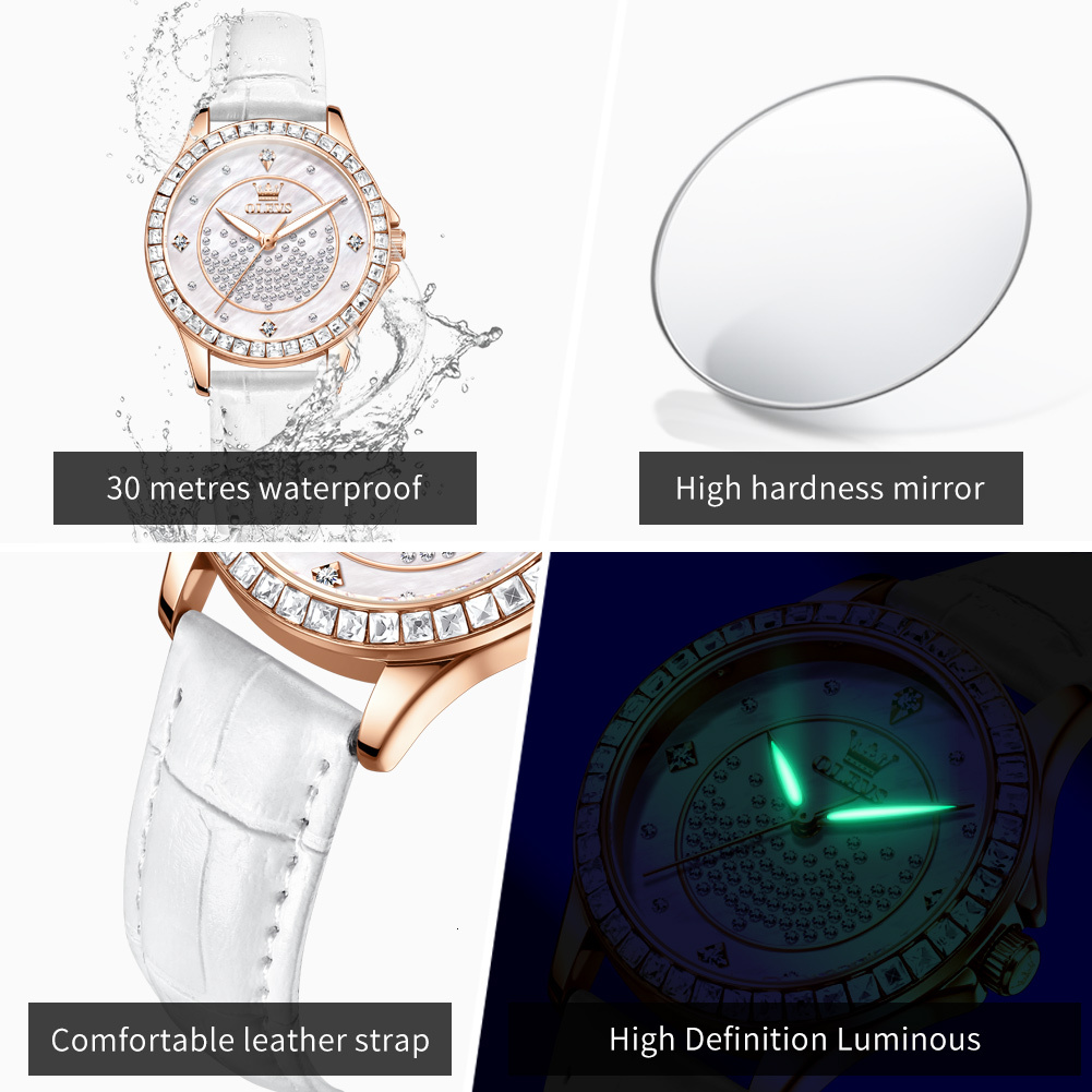 OLEVS Designer Women's Watches Starry Diamond Rings Leather Straps Luminous Waterproof Quartz Watches Luxury Women's Watches Free Delivery