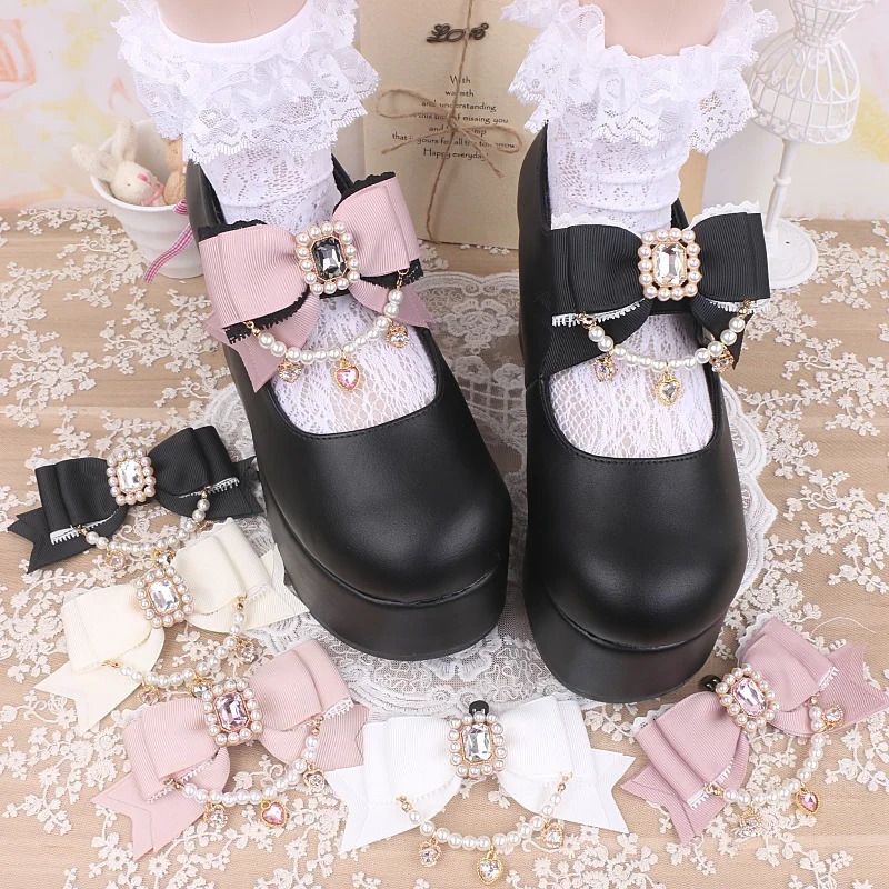 Jirai Kei Style Mine Lace Splicing Bow Shoes Accessories Lolita Beaded Heart Rhinestone Bow Shoe Clip Mary Janes Buckle250418bj
