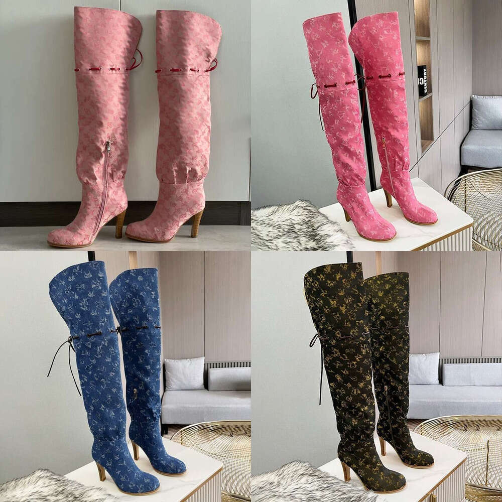 Luxury designer womens Round Toes Winter Fashion Thigh-High Boots women shoe knee high boot Over the Knee Canvas Zipper Adjustable Straps Stiletto Heel Casual Shoes
