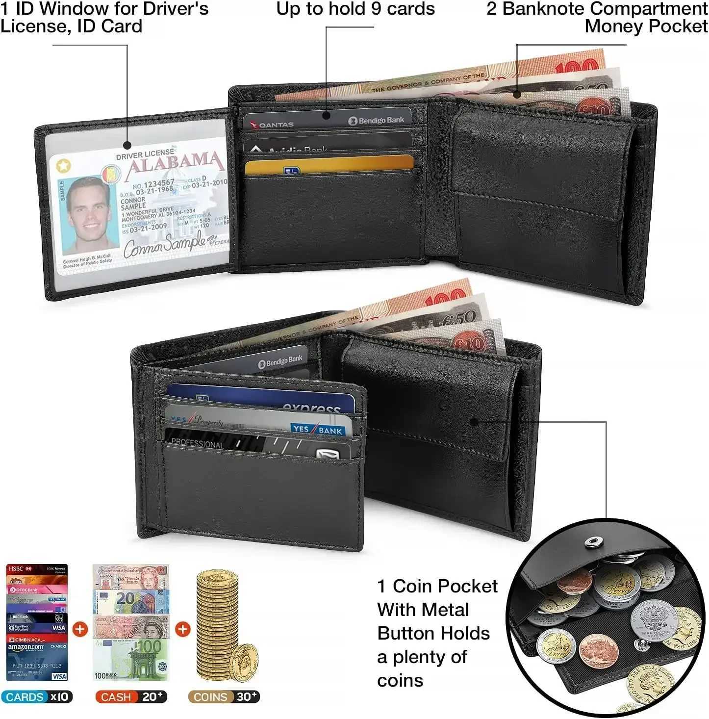 Classic Mens Black Leather Wallets Solid Soft Credit Cards Holders Slim RFID Blocking Purses Coin Pocket Banknote Compartments W250419