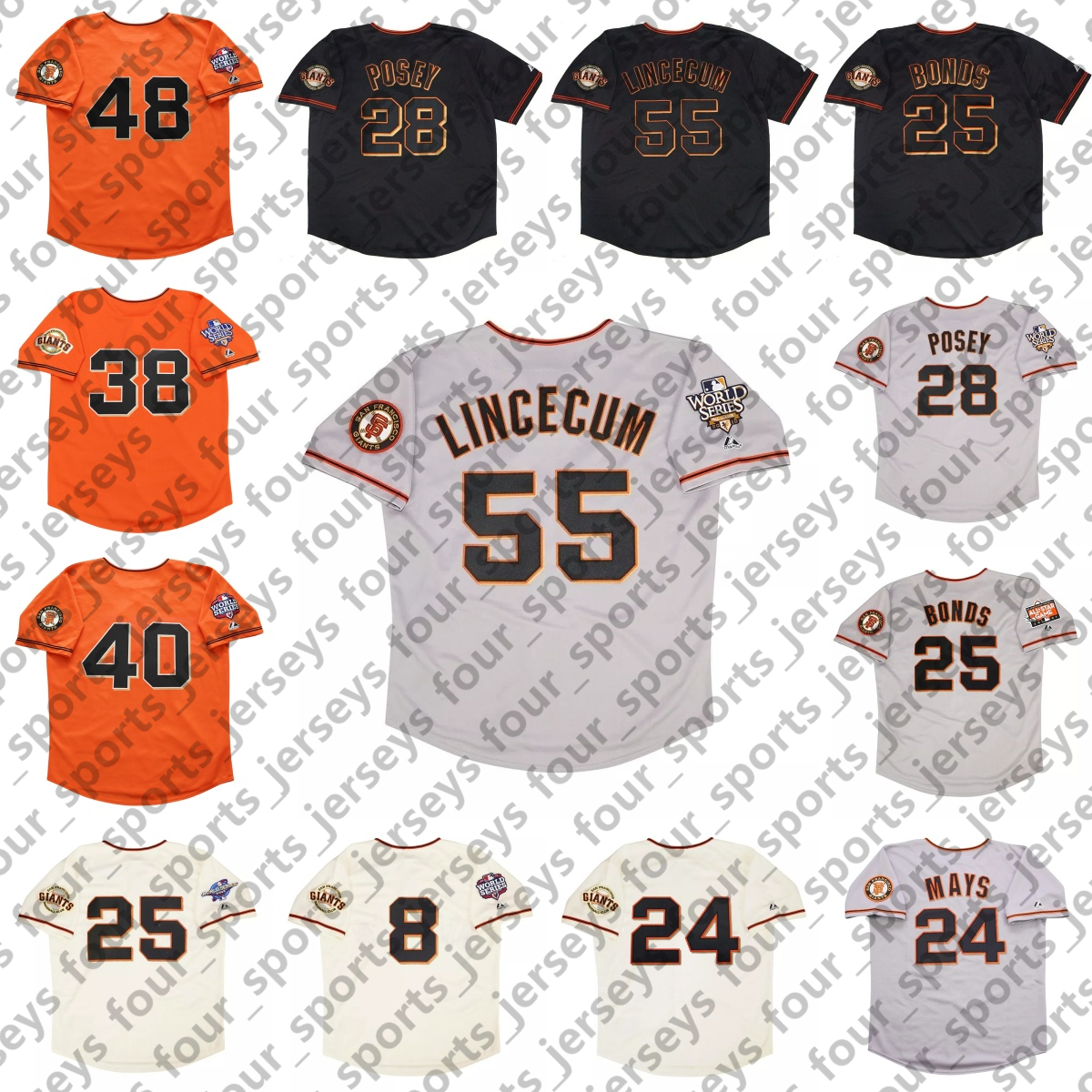 Retro Baseball Jersey 8 Hunter Pence 24 Willie Mays 25 Barry Bonds 28 Buster Posey 38 Brian Wilson 40 Madison Bumgarner 48 Pablo Sandoval 55 Tim Lincecum
