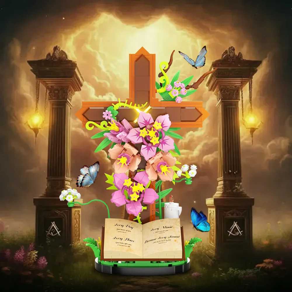 MOC Christianity Cross Flower Bouquet Building Blocks Model Sacred Bible Tulip Flowers Plant Bricks Assembly Toys Kids DIY Gifts W251120