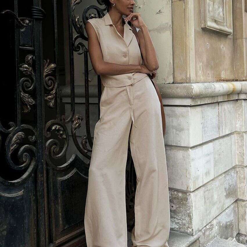 hoodie Women's Wear Cotton Summer Casual Cotton And Linen Vest Single Breasted Vest+Pants Set jacket