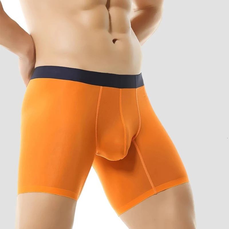 Sexy Mens Underwear Ice Silk Ultra Thin Long Leg Boxing Shorts Breathable Raised Pocket Length 250417