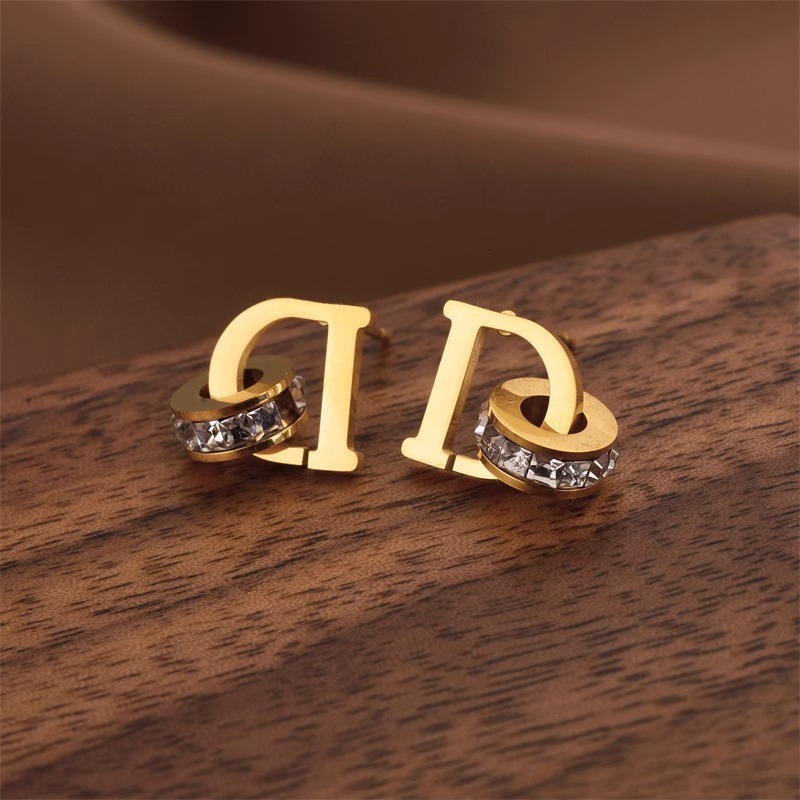 Luxury Brand Designer Jewelry Korean Style Letter D Square Diamond Earrings Dynamic Double Ring Rose Gold Titanium Steel Earrings Real Gold Plating Te