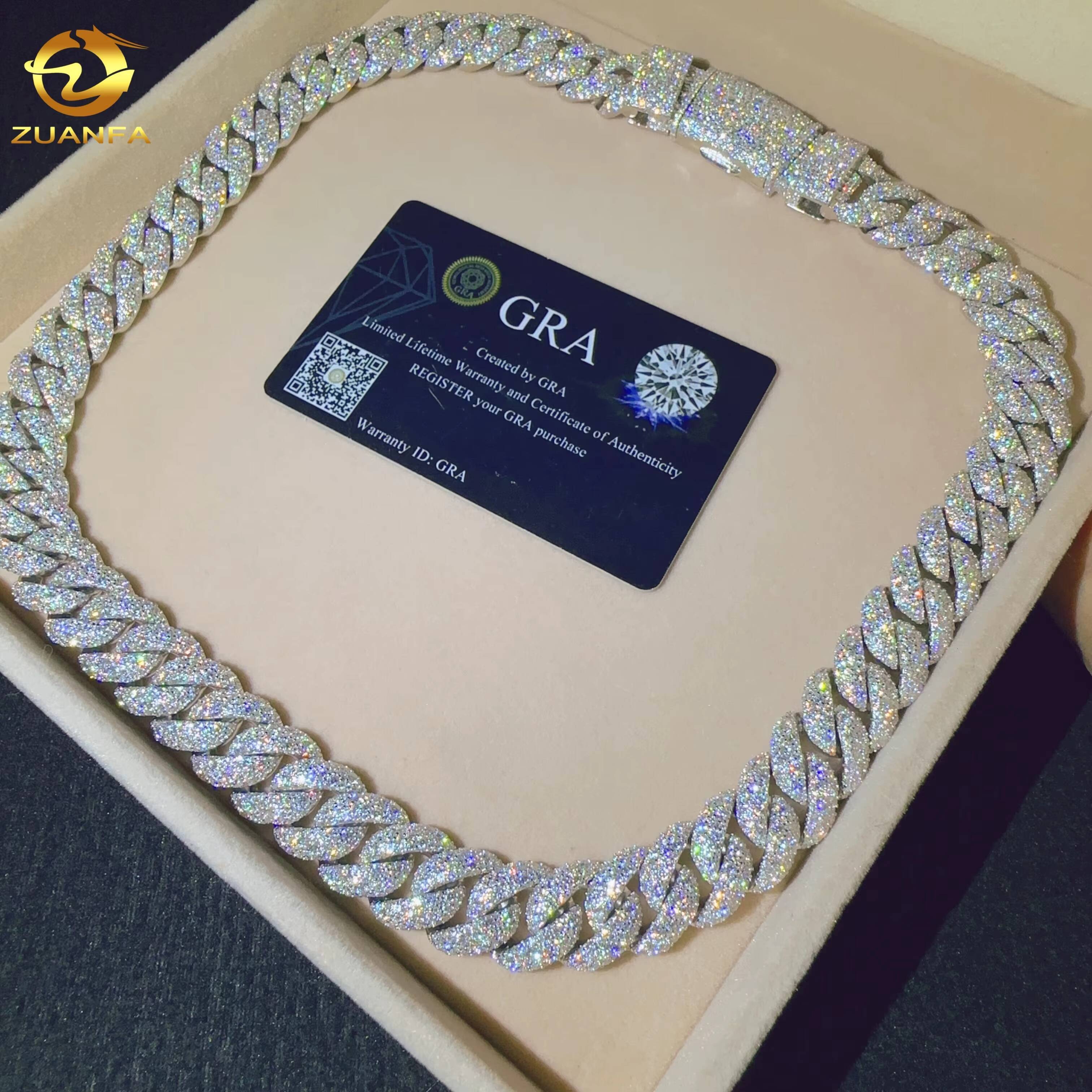 Hip Hop Jewelry Men Cuban Necklace Sterling Silver 925 D Color VVS Moissanite Diamond 15MM Width Cuban Link Chain