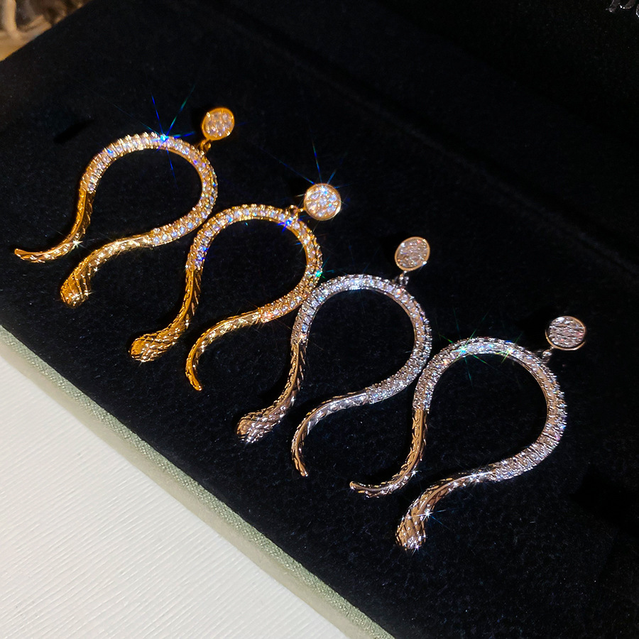 14k Real Gold Plated Zircon Snake Light Luxury High-end European and American Cross-border Exaggerated Retro Earrings for Women - view 7