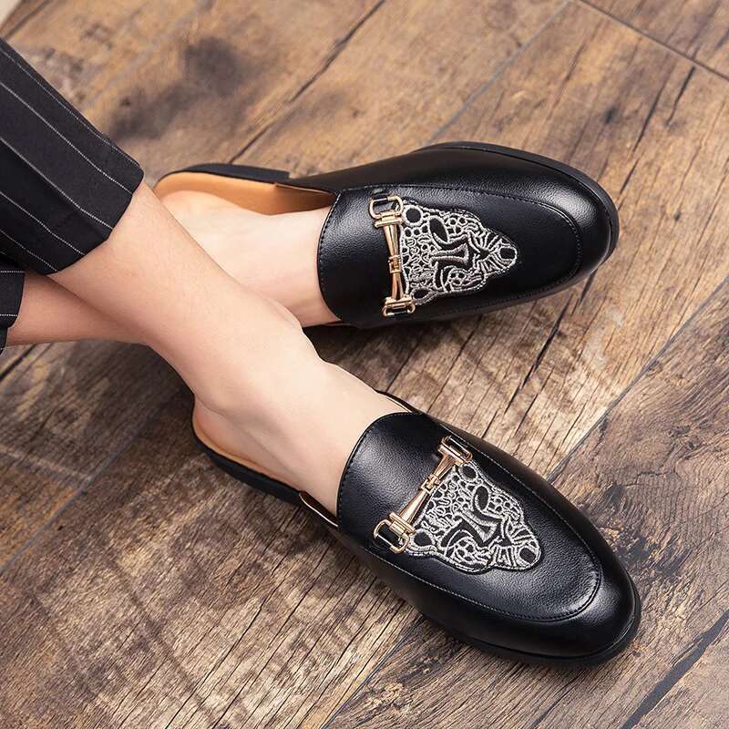 Bean Shiny Semi Slipper Leather Toe Cap Slippers Casual Men's Fashionable Embroidered Shoes