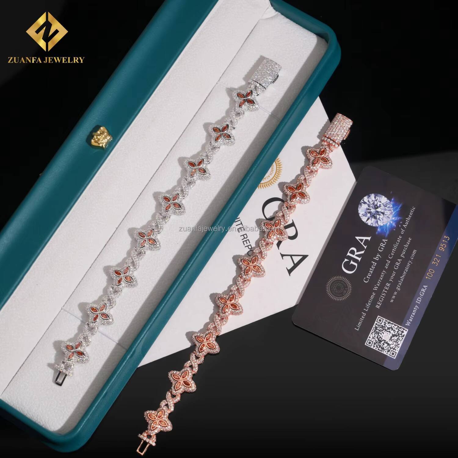 Fashion Style Unique Design Iced Out Hip Hop Jewelry S925 Silver Orange Moissanite Diamond Cleef Clover Infinity Cuban Bracelet