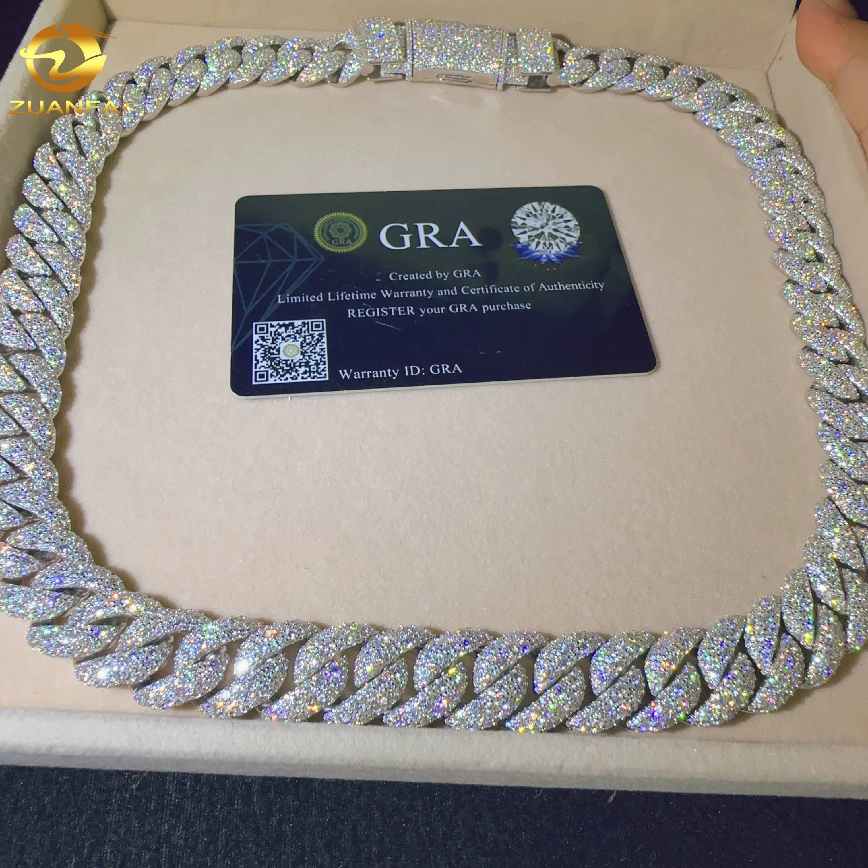 Hip Hop Jewelry Men Cuban Necklace Sterling Silver 925 D Color VVS Moissanite Diamond 15MM Width Cuban Link Chain