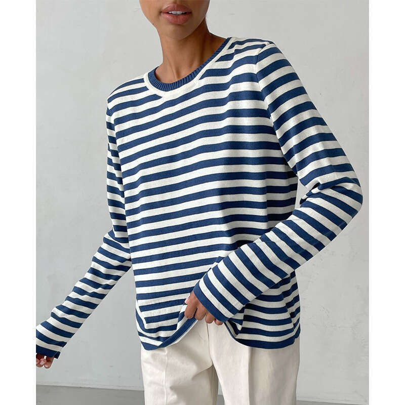 hoodie Women's Wear Round Neck Knitted Spring , Versatile Classic Striped Pullover Sweater For Women jacket