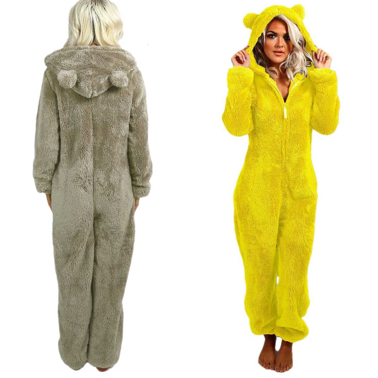 Winter Warm Sleepwear Home Clothes Cute Cat Ear Onesies Pyjamas Fluffy Fleece Hooded Jumpsuit Playsuit Pajama For Women Overalls Y250906